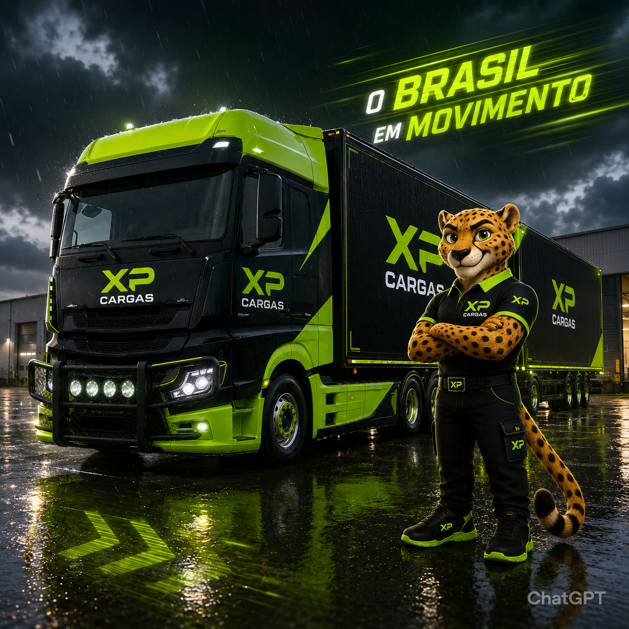 Caminhão verde XP CARGAS em rodovia